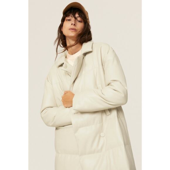 Something Navy Cream Faux Leather Oversized Trench Puffer Coat Size Small - Picture 4 of 16